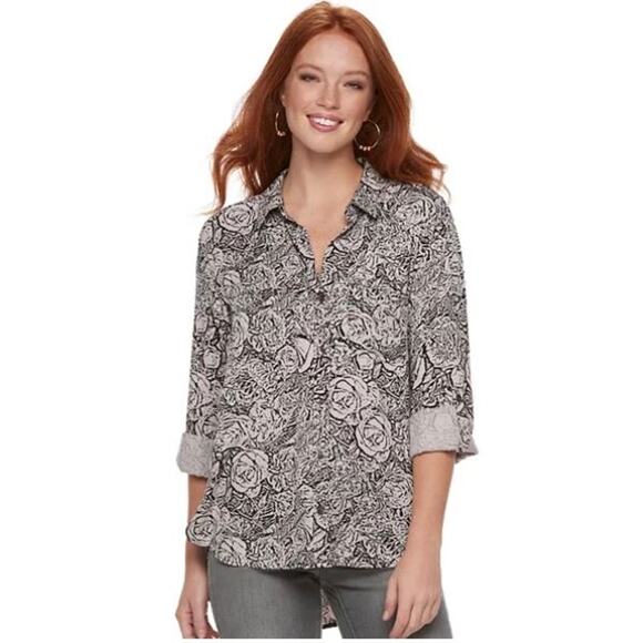 ROCK & REPUBLIC Blush Rose Floral Long Sleeve Roll Tab Button Down Shirt L - Picture 1 of 12